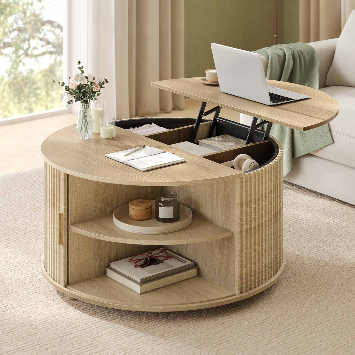 34.6 in Round Lift Top Coffee Table with 180° Curved Sliding Door Oak