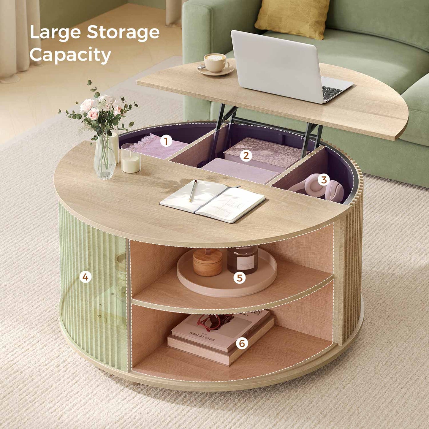 34.6 in Round Lift Top Coffee Table with 180° Curved Sliding Door Oak