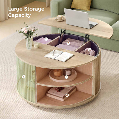 34.6 in Round Lift Top Coffee Table with 180° Curved Sliding Door Oak