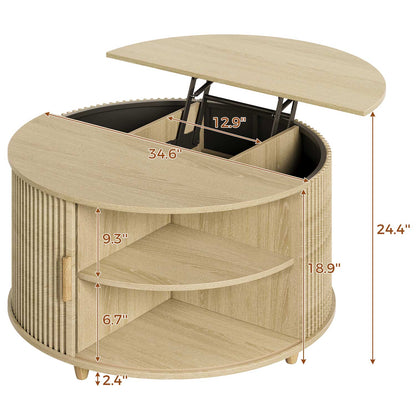 34.6 in Round Lift Top Coffee Table with 180° Curved Sliding Door Oak