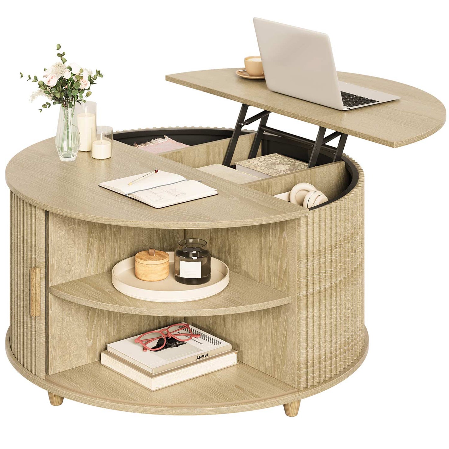 34.6 in Round Lift Top Coffee Table with 180° Curved Sliding Door Oak