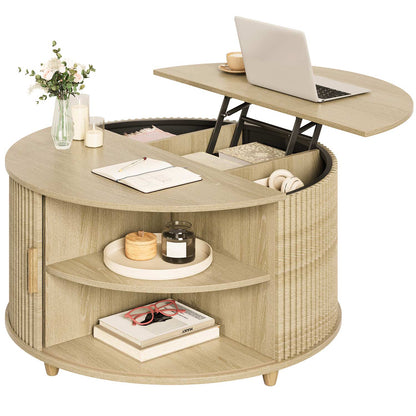 34.6 in Round Lift Top Coffee Table with 180° Curved Sliding Door Oak