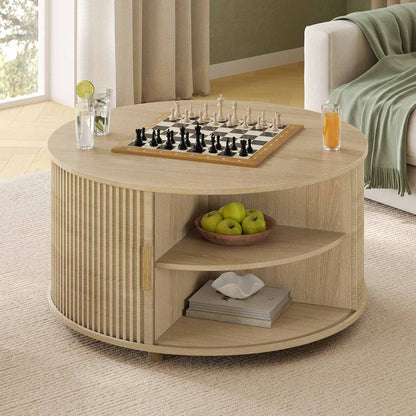 34.6 in Round Lift Top Coffee Table with 180° Curved Sliding Door Oak