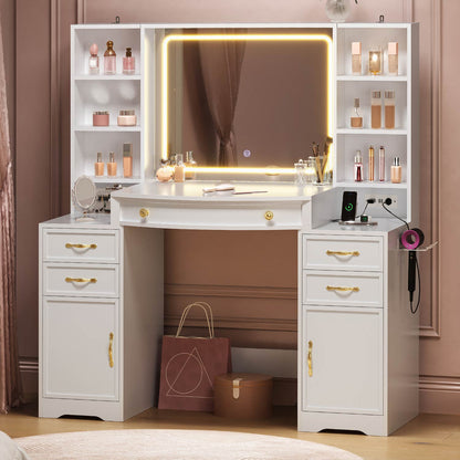 47.2" Vanity Table with LED Mirror & Built-in Charging Station White
