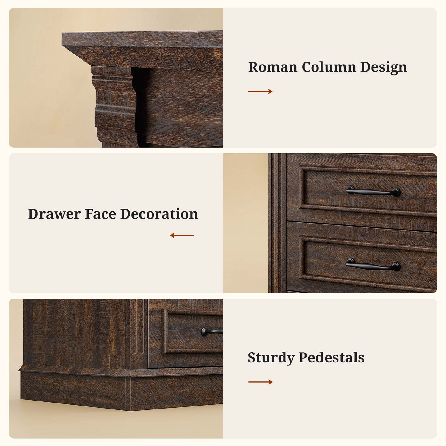 Uposoja 61" Tall Modern LED Nightstand with 3 Drawers Walnut