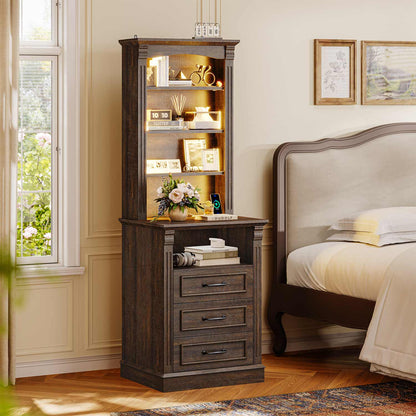 Uposoja 61" Tall Modern LED Nightstand with 3 Drawers Walnut