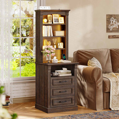 Uposoja 61" Tall Modern LED Nightstand with 3 Drawers Walnut