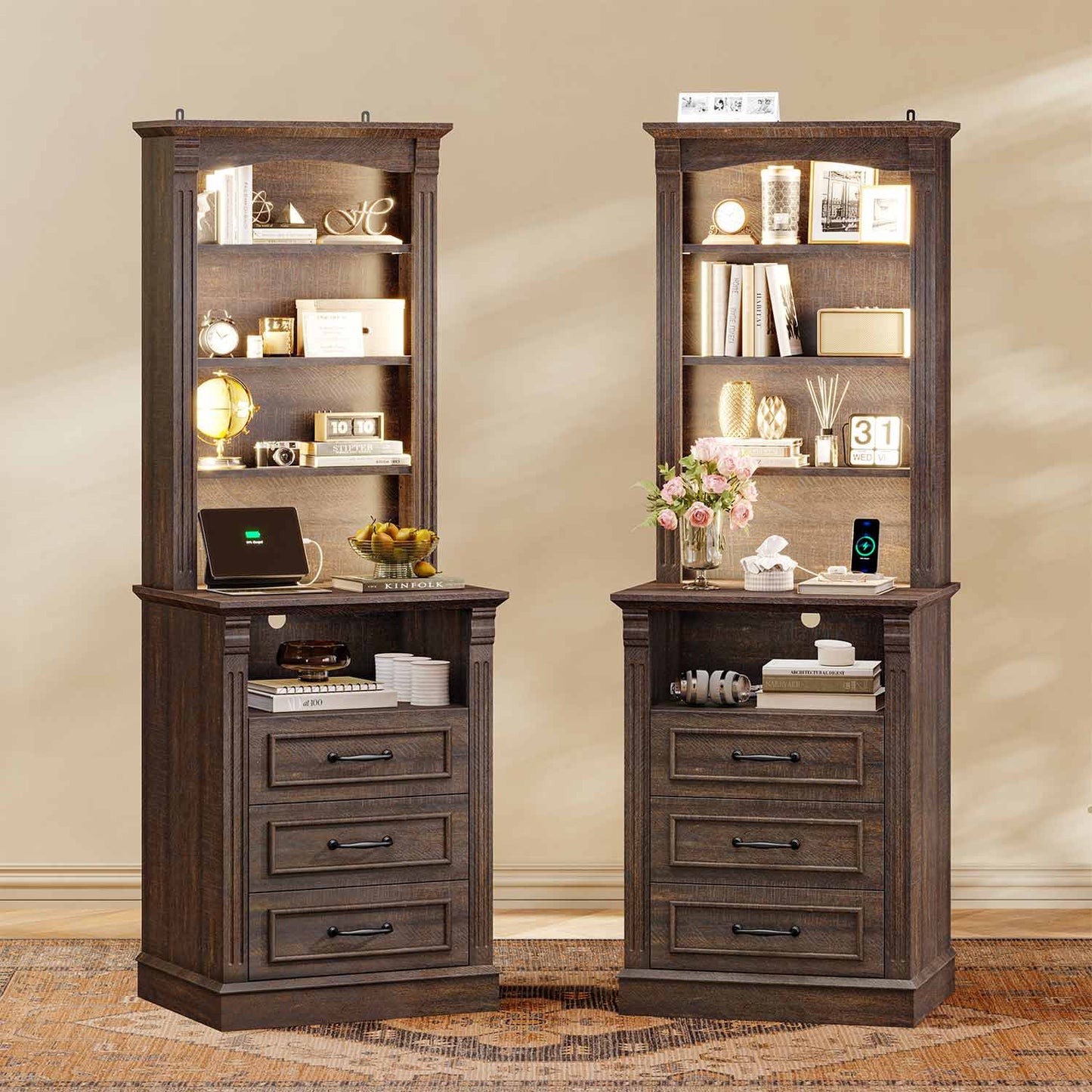 Uposoja 61" Tall Modern LED Nightstand with 3 Drawers Walnut