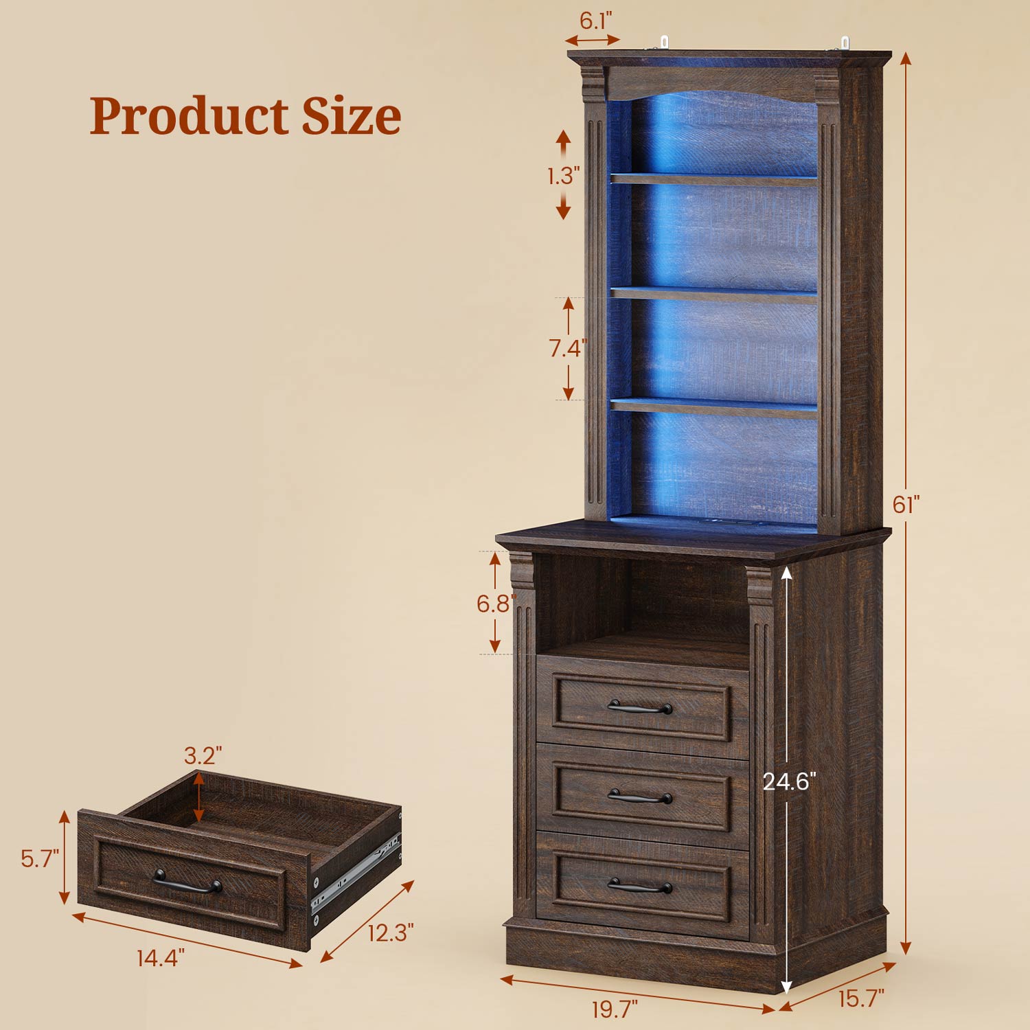 Uposoja 61" Tall Modern LED Nightstand with 3 Drawers Walnut