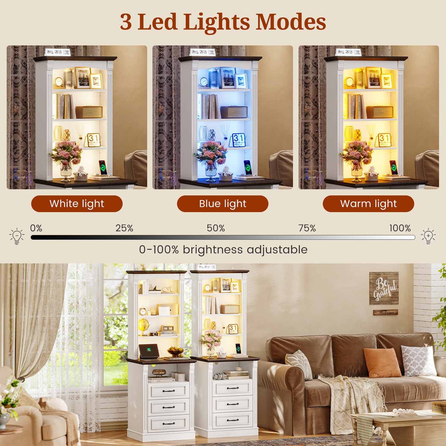 61" Tall Modern LED Nightstand with 3 Drawers White