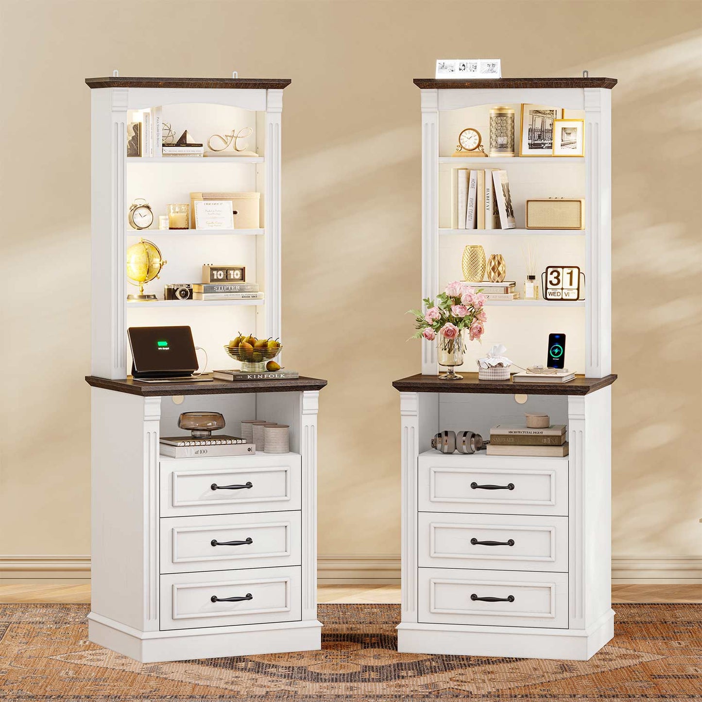 61" Tall Modern LED Nightstand with 3 Drawers White