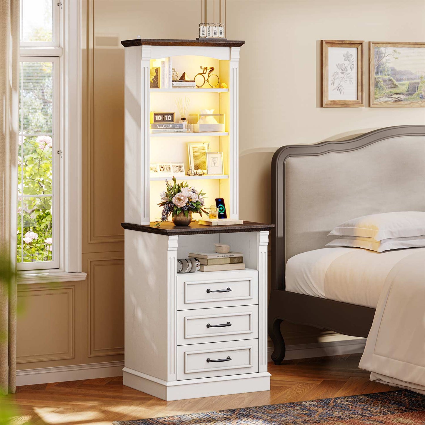 61" Tall Modern LED Nightstand with 3 Drawers White