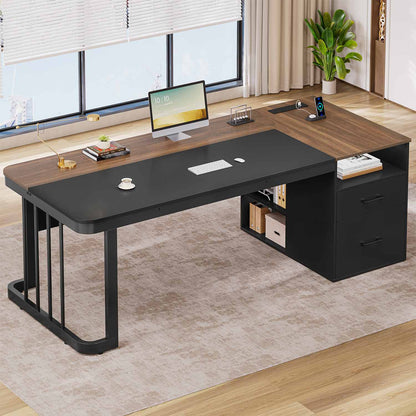 70.9" Power Outlet Desk with Adjustable Storage Shelves Walnut