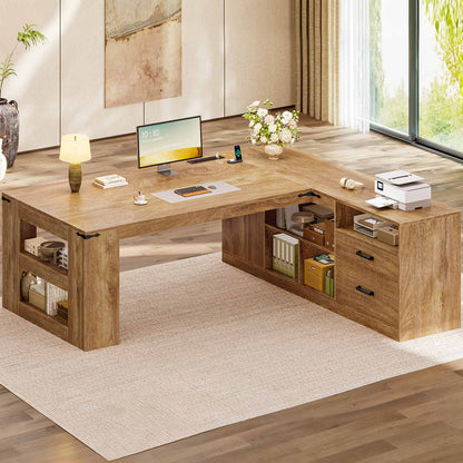 71" L Shaped Executive Desk with Drawers & Power Outlets Oak