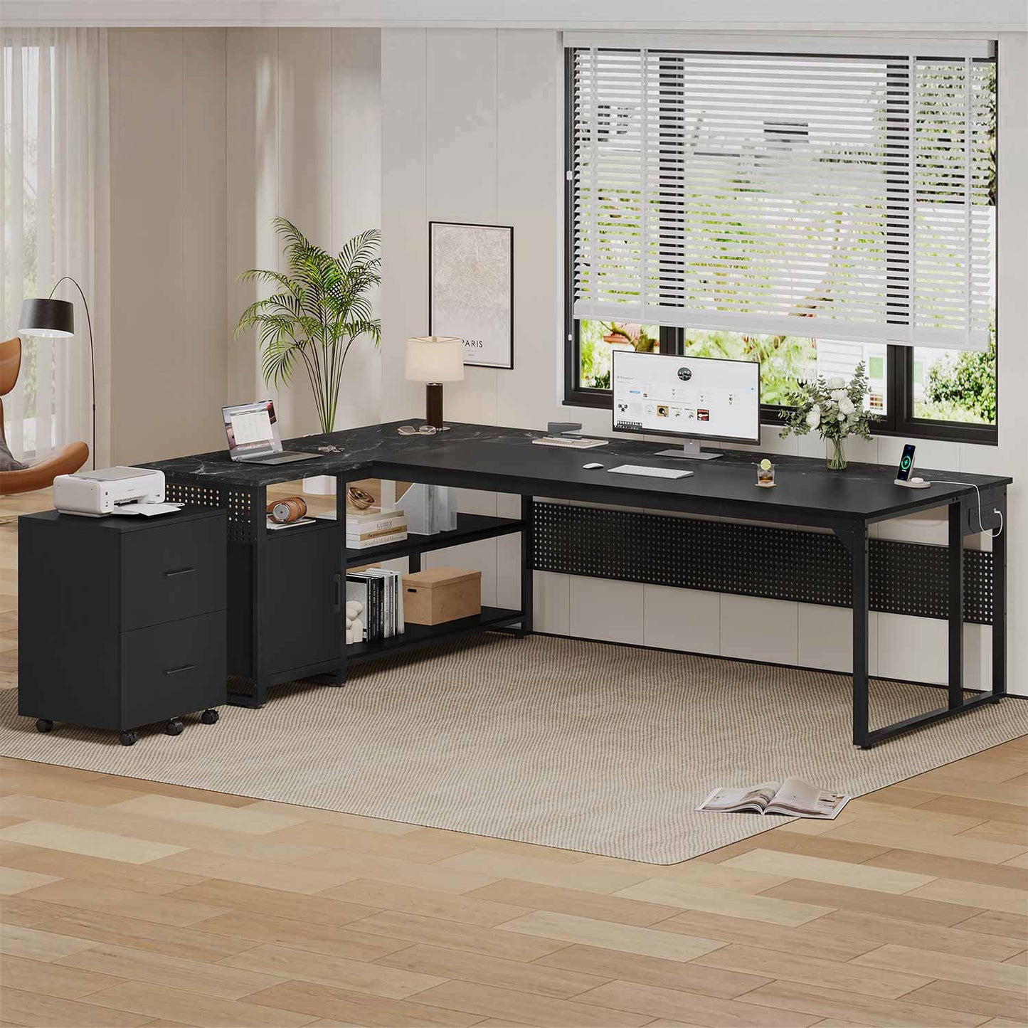 71" Reversible L Shaped Executive Desk with Power Outlets & Storage Shelves Black