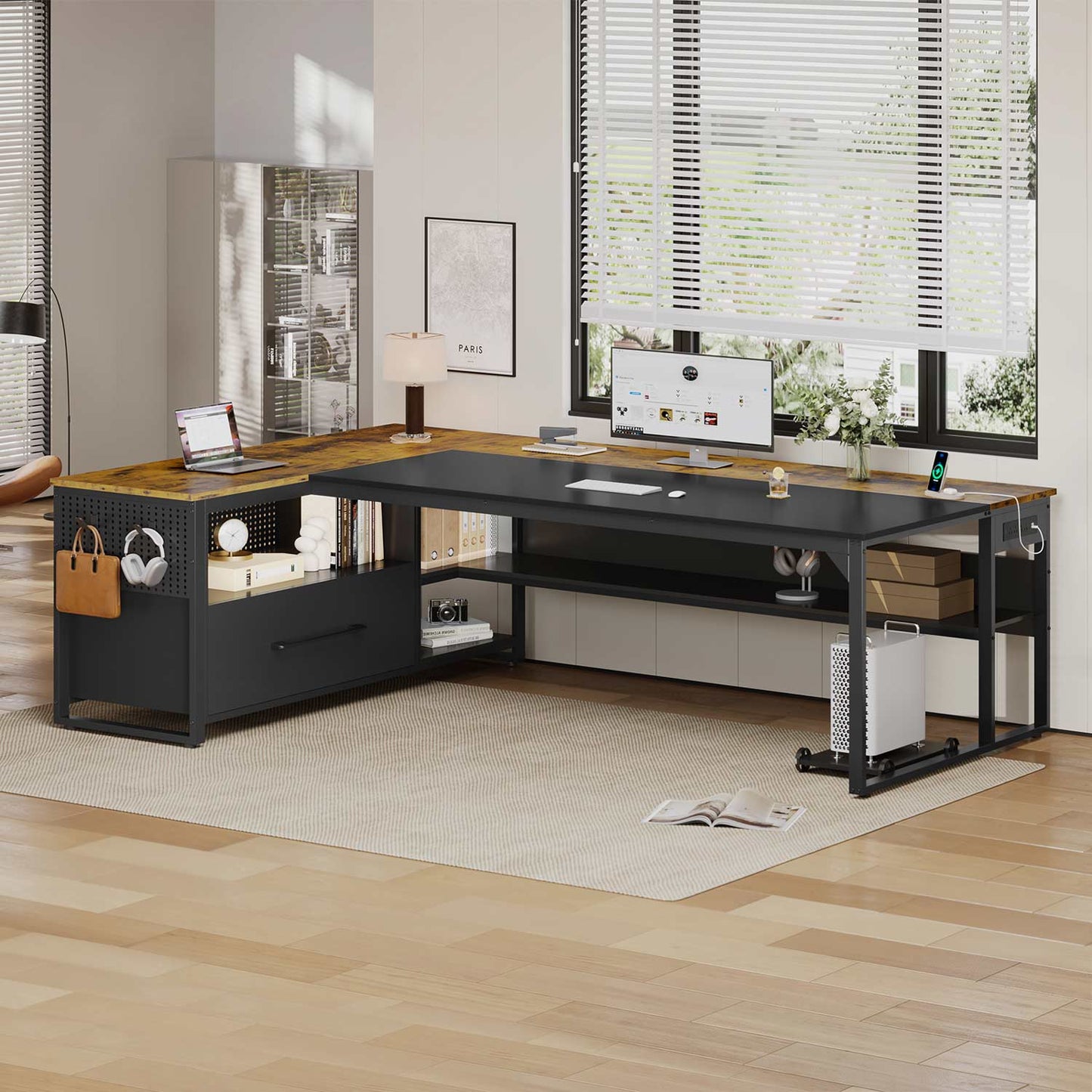71" Reversible L-Shaped Executive Desk with Storage Shelves & Power Outlets Brown