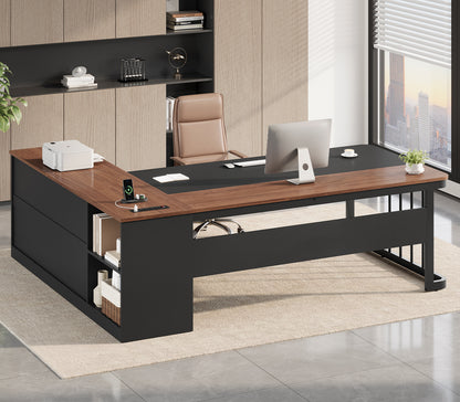 71" L Shaped Large Office Desk with Drawers & Storage Shelves Walnut