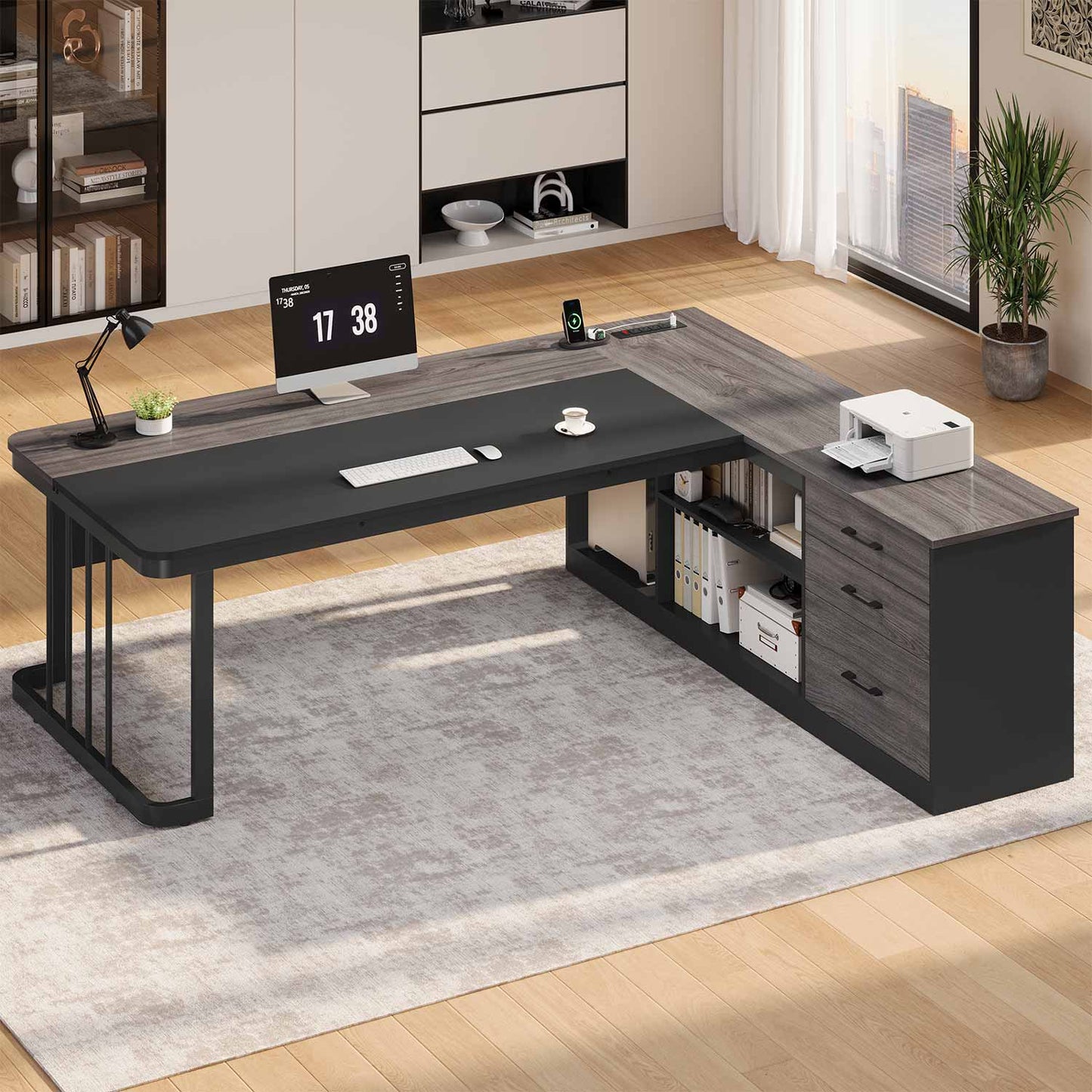 71" Modern L Shaped Executive Desk with Drawers & Storage Shelves Grey