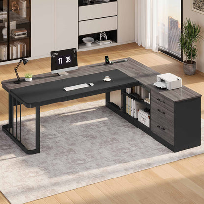 71" Modern L Shaped Executive Desk with Drawers & Storage Shelves Grey