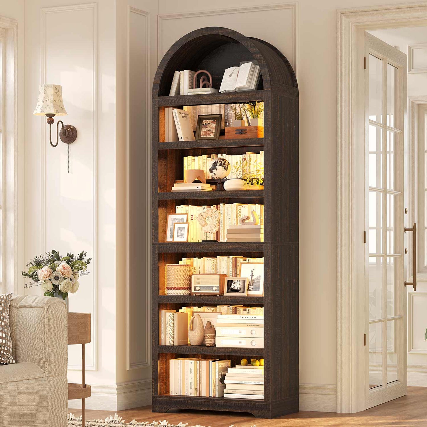 79.4" Tall Arched Cabinet with RGB Light & Adjustable Shelf Walnut