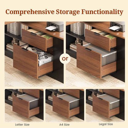 Adjustable Height Electric Standing Desk with File Drawers Black & Walnut