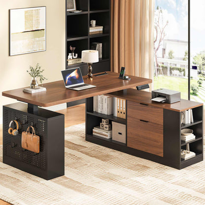 Adjustable Height Electric Standing Desk with File Drawers Black & Walnut