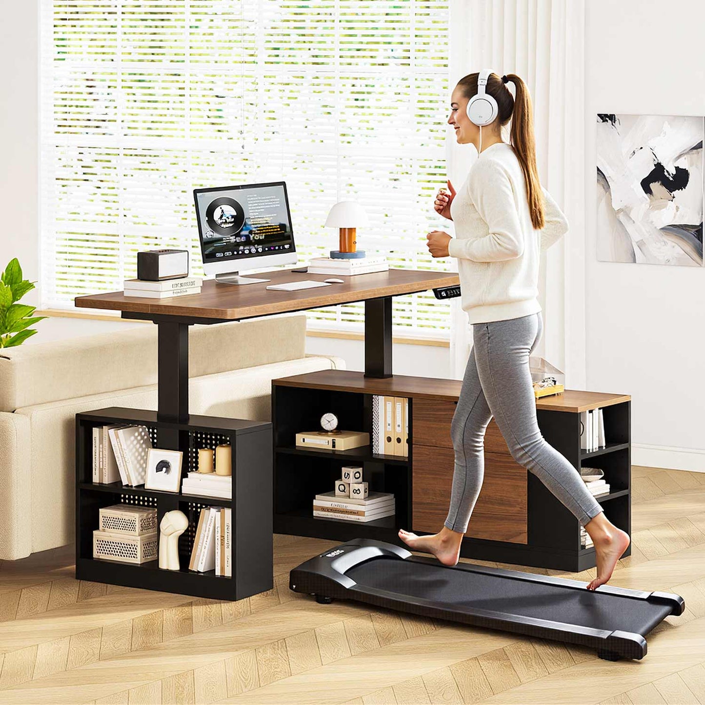 Adjustable Height Electric Standing Desk with File Drawers Black & Walnut