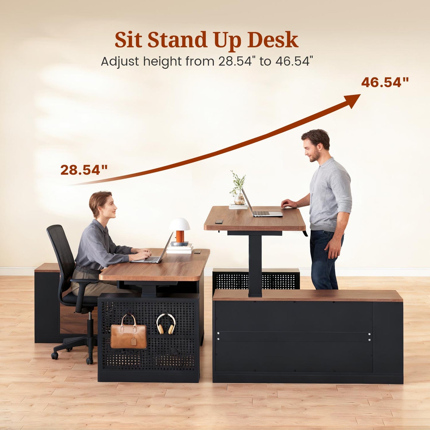 Adjustable Height Electric Standing Desk with File Drawers Black & Walnut
