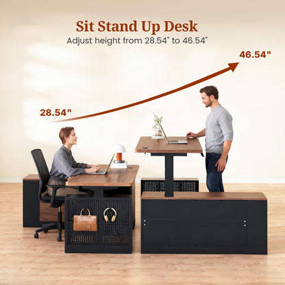 Adjustable Height Electric Standing Desk with File Drawers Black & Walnut