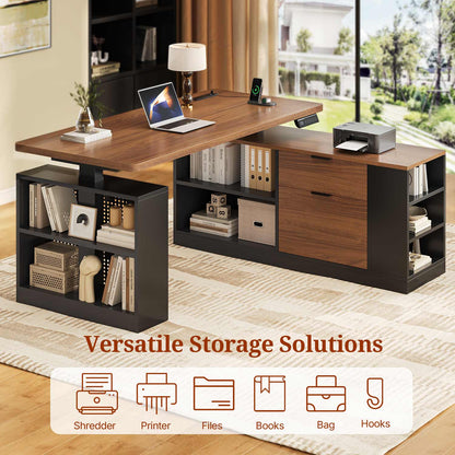 Adjustable Height Electric Standing Desk with File Drawers Black & Walnut