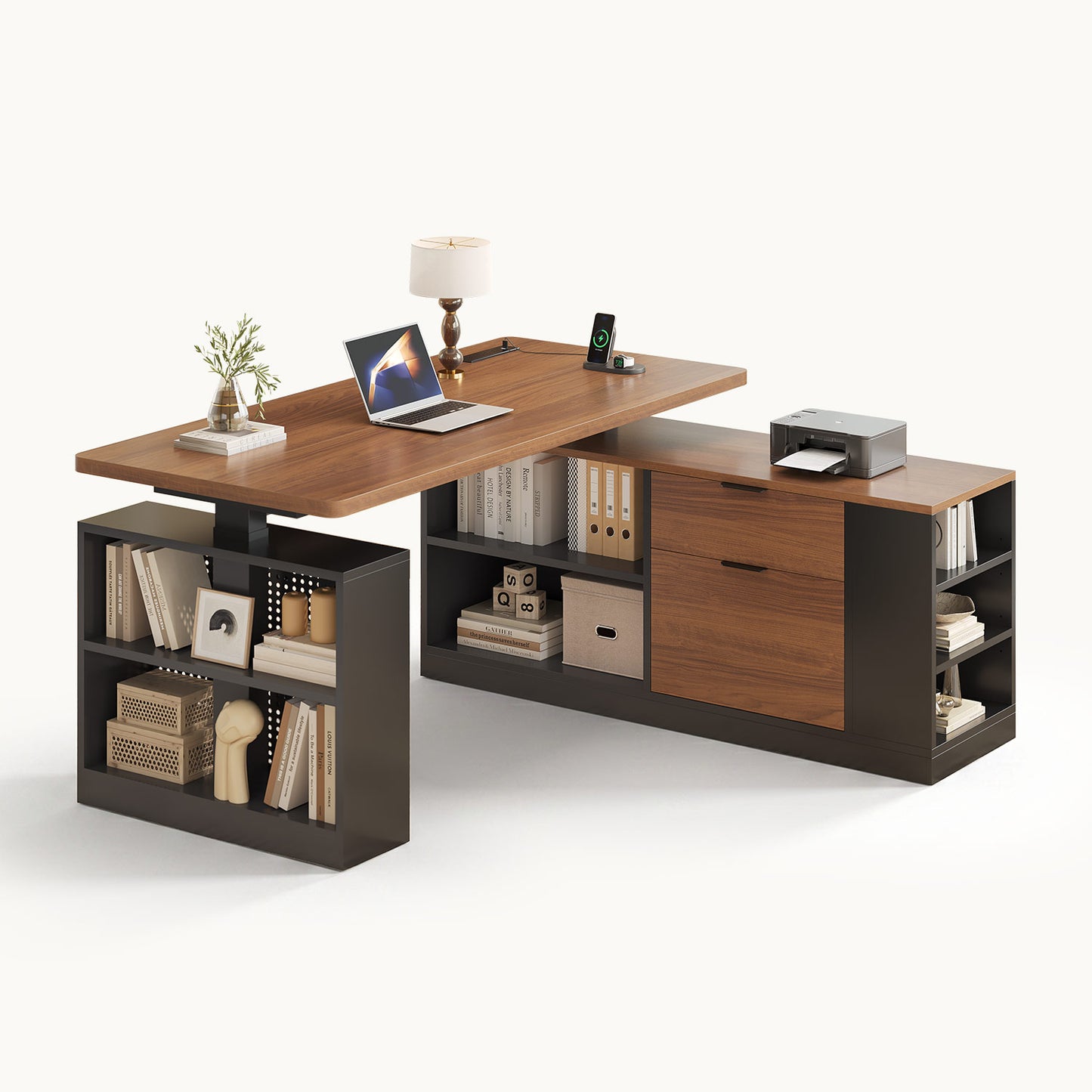 Adjustable Height Electric Standing Desk with File Drawers Black & Walnut