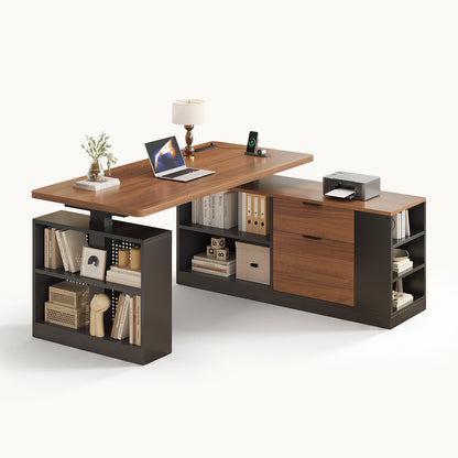 Adjustable Height Electric Standing Desk with File Drawers Black & Walnut