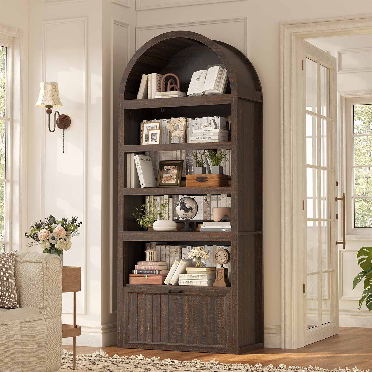 Arched Bookcase with Drawer storage & 2 Book Risers  Walnut 