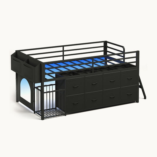 Twin Size Low Loft Bed with RGB Lights & 8 Drawers Black