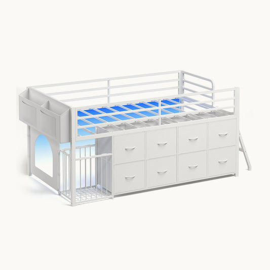 Twin Size Low Loft Bed with RGB Lights & 8 Drawers White