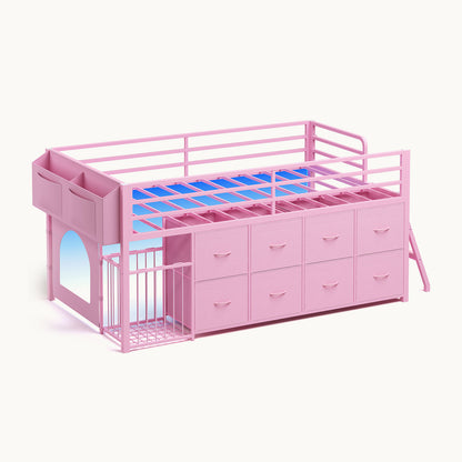 Twin Size Low Loft Bed with RGB Lights & 8 Drawers Pink