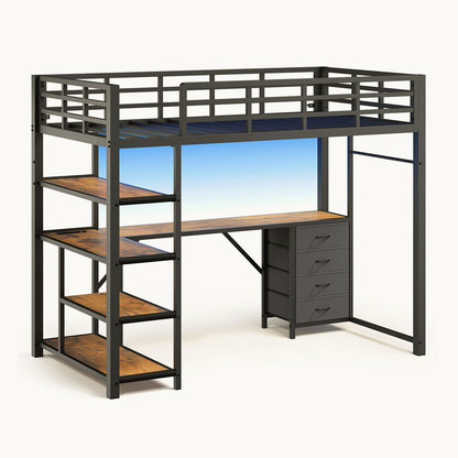 LED Loft Bed Frame Twin Size with L Shape Desk Black & Rustic Brown