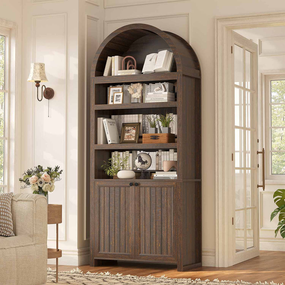 81 Inches Tall Arched 6-Tier Bookcase with Door Walnut Brown