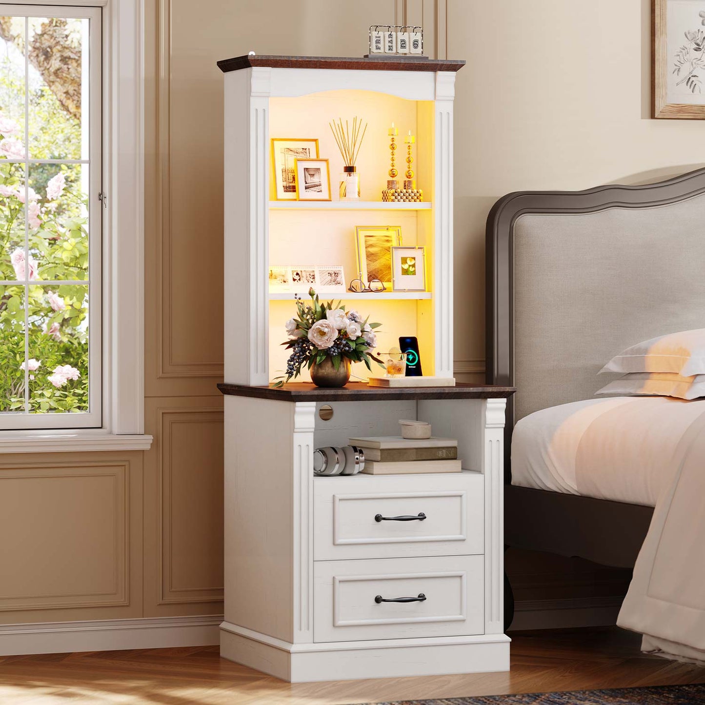 Farmhouse LED Nightstand with Charging Station White