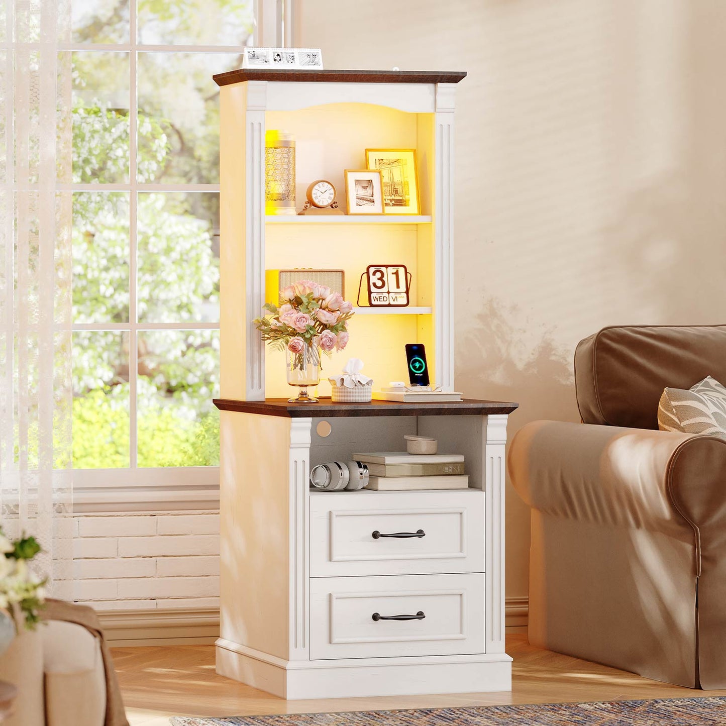 Farmhouse LED Nightstand with Charging Station White