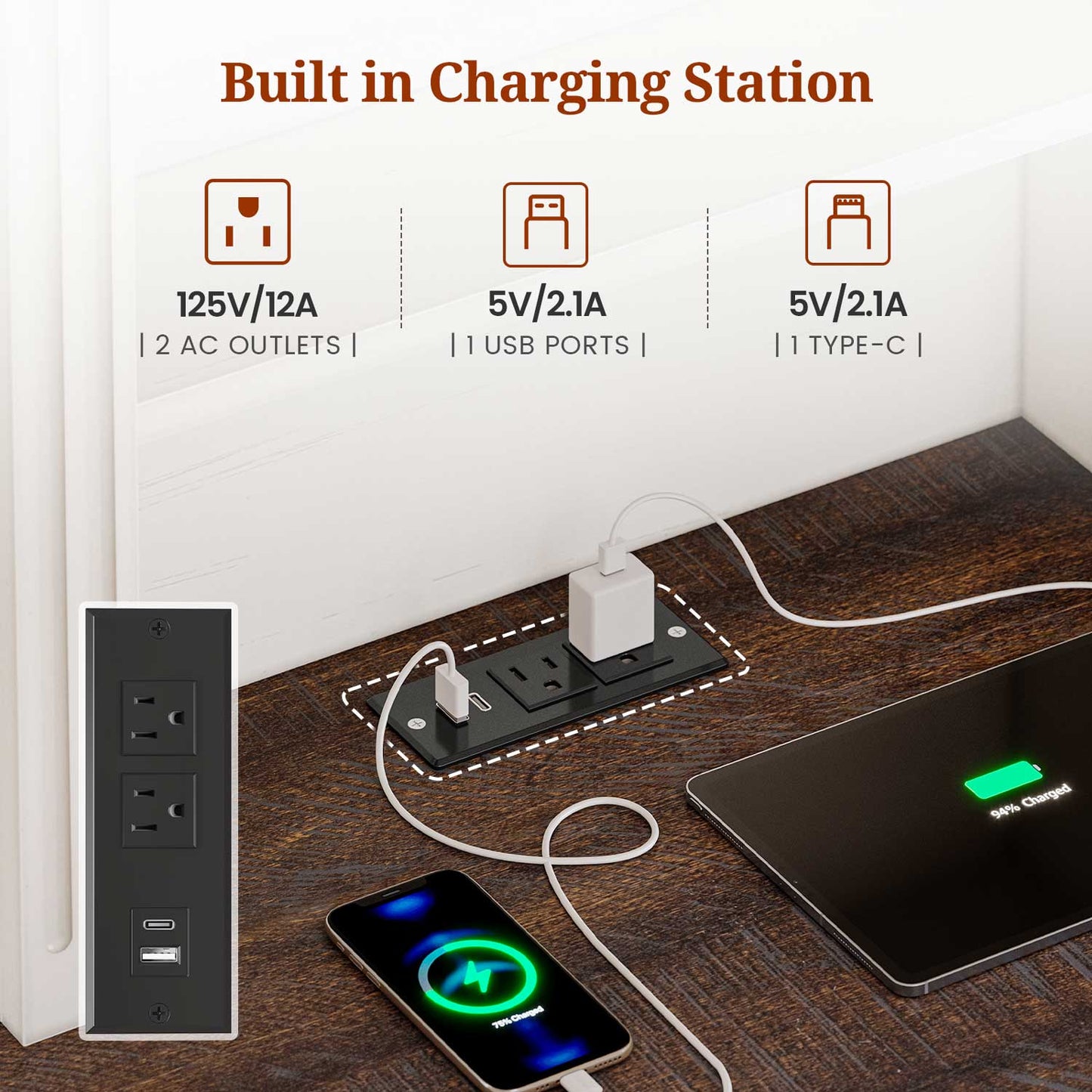 Farmhouse LED Nightstand with Charging Station White