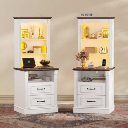 Farmhouse LED Nightstand with Charging Station White