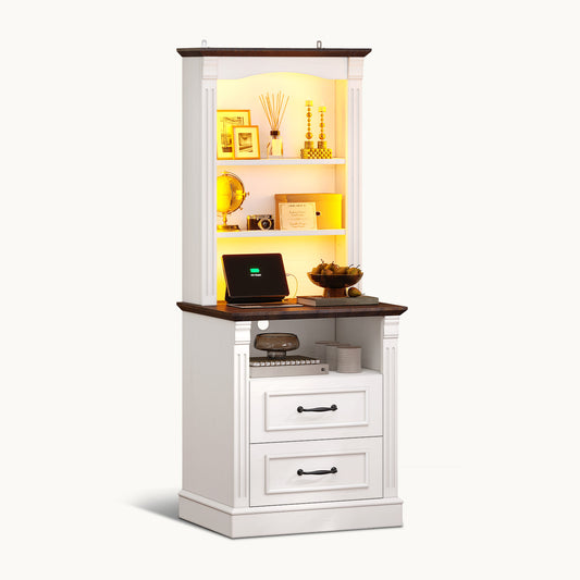 Farmhouse LED Nightstand with Charging Station White