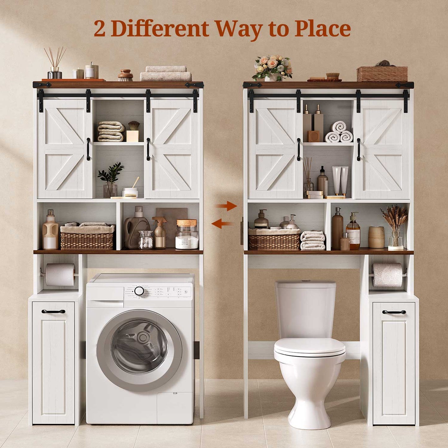 Farmhouse Over The Toilet Storage Cabinet with Slide Barn Doors White