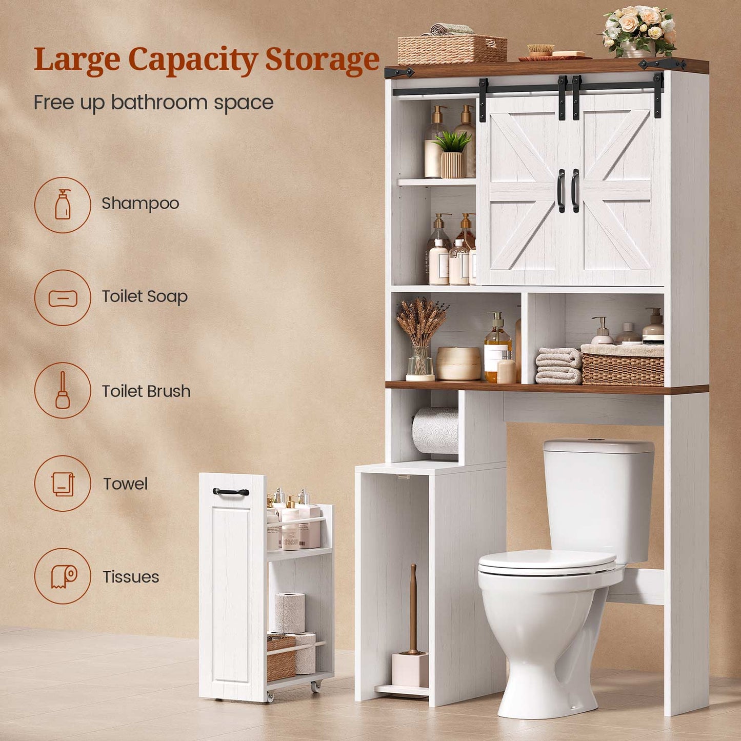 Farmhouse Over The Toilet Storage Cabinet with Slide Barn Doors White