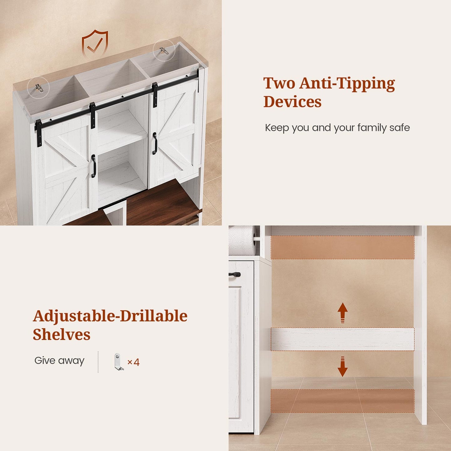 Farmhouse Over The Toilet Storage Cabinet with Slide Barn Doors White