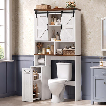 Farmhouse Over The Toilet Storage Cabinet with Slide Barn Doors White