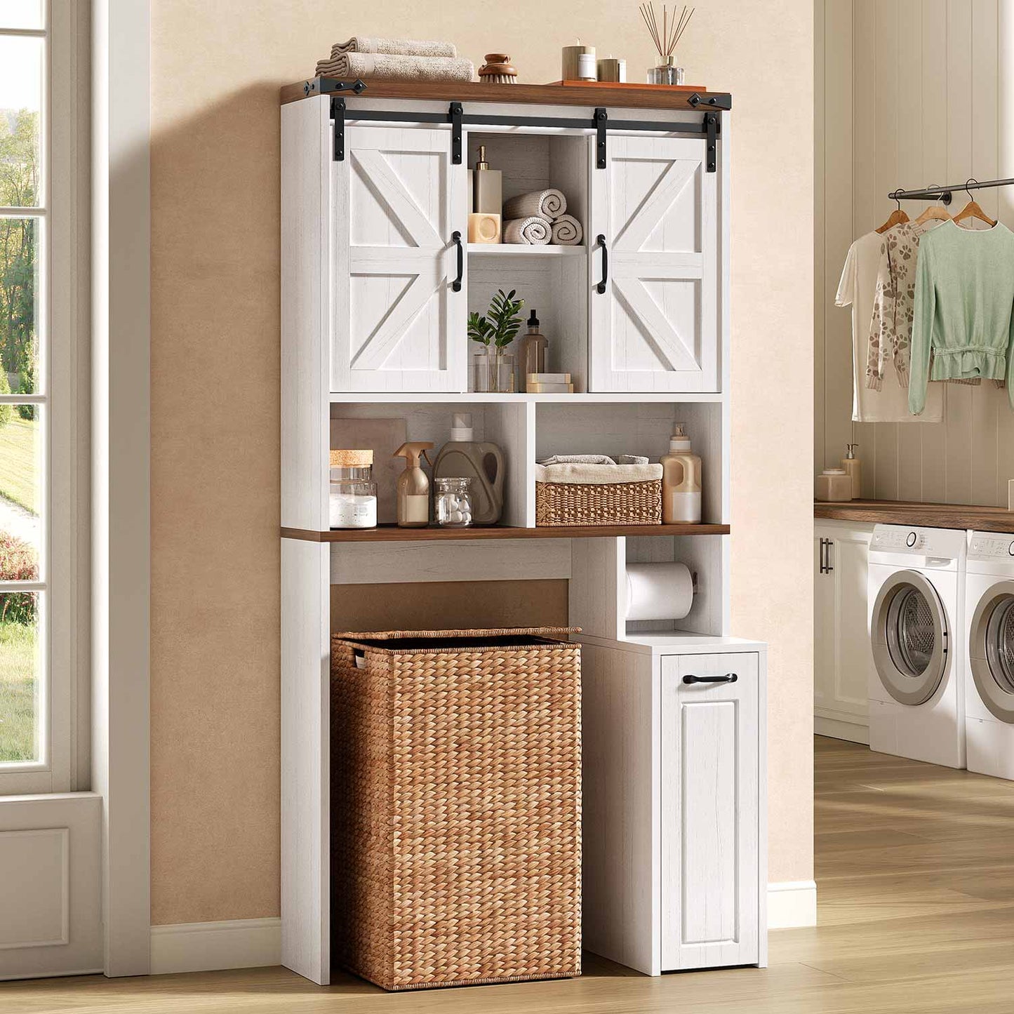 Farmhouse Over The Toilet Storage Cabinet with Slide Barn Doors White