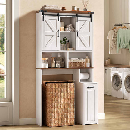 Farmhouse Over The Toilet Storage Cabinet with Slide Barn Doors White