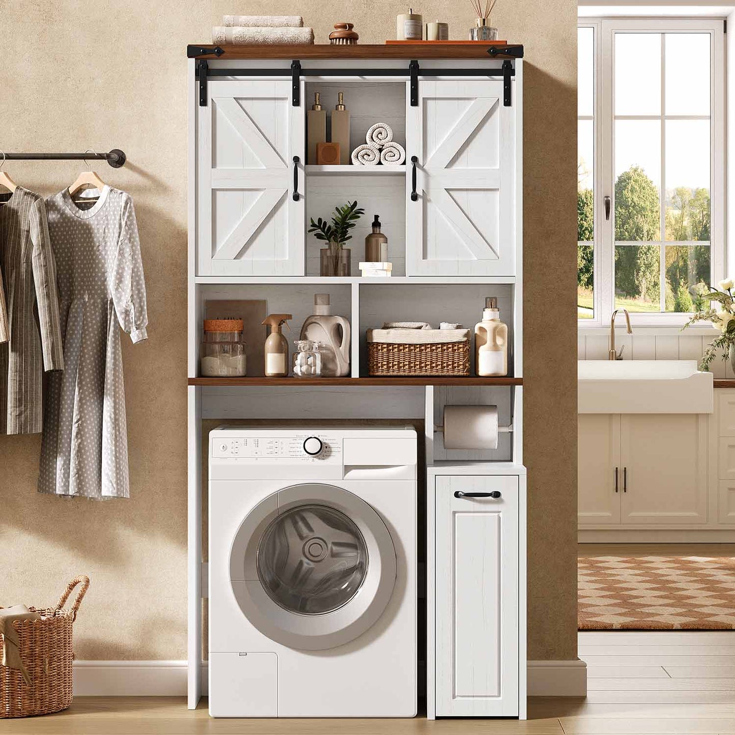 Farmhouse Over The Toilet Storage Cabinet with Slide Barn Doors White